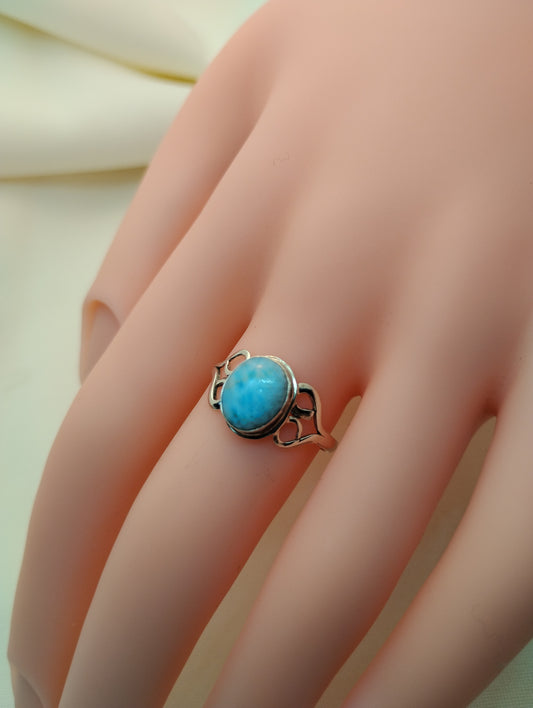 Blue Cabochon Larimar Ring With Hearts - Natural Larimar in Sterling Silver