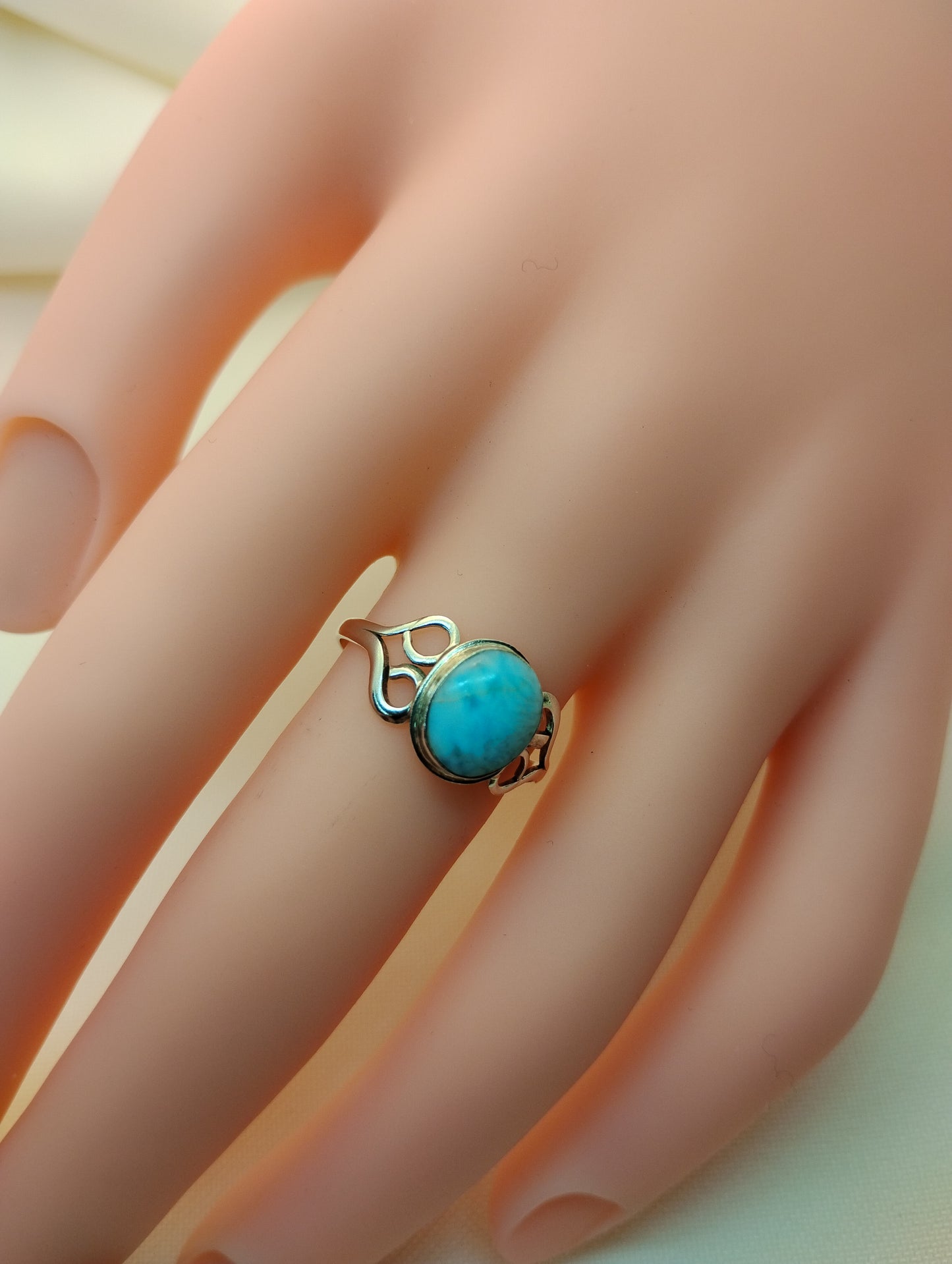 Blue Cabochon Larimar Ring With Hearts - Natural Larimar in Sterling Silver