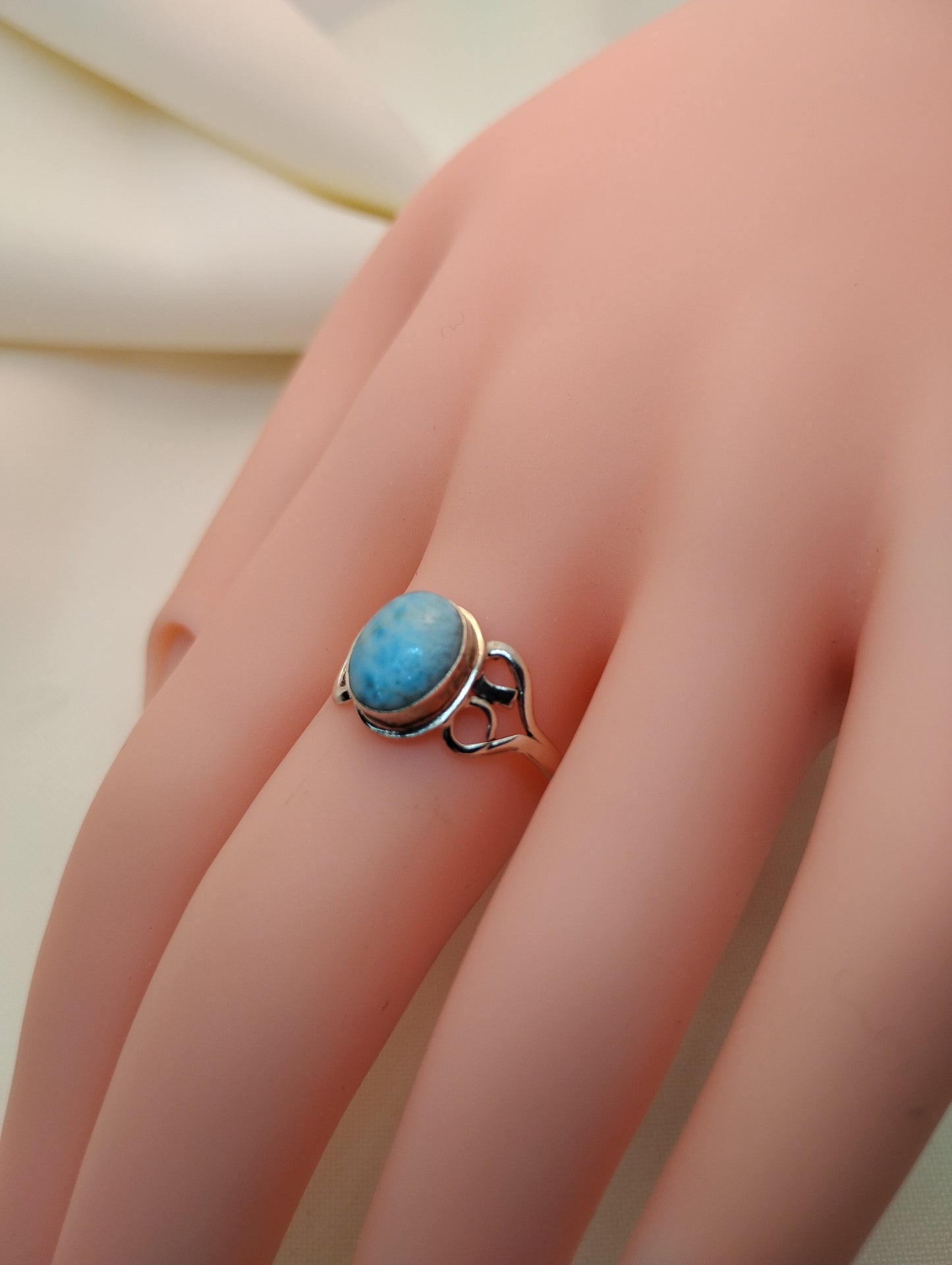 Blue Cabochon Larimar Ring With Hearts - Natural Larimar in Sterling Silver
