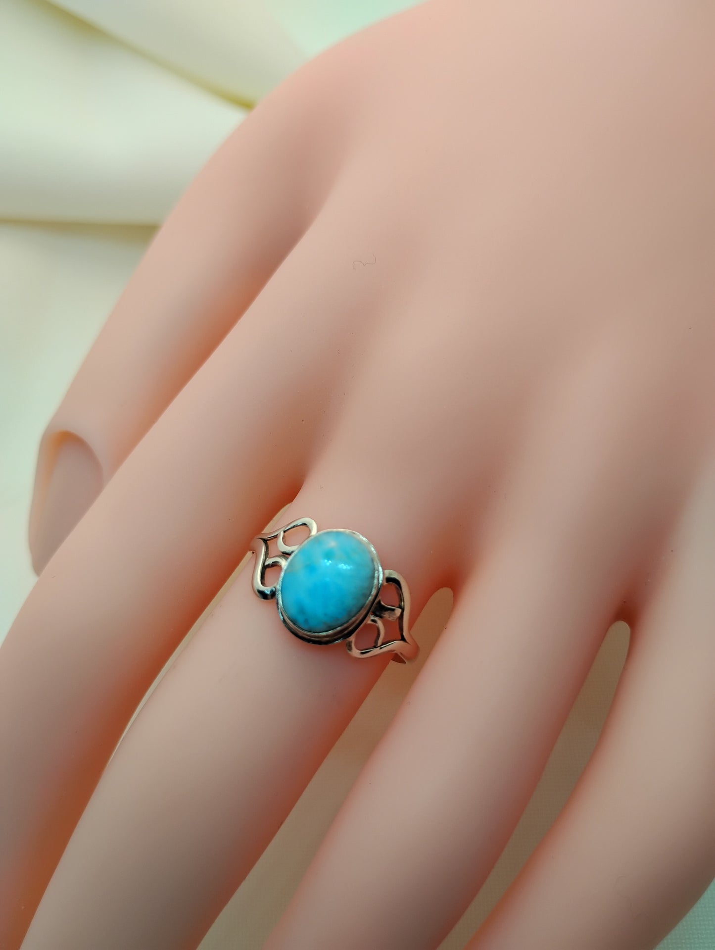 Blue Cabochon Larimar Ring With Hearts - Natural Larimar in Sterling Silver